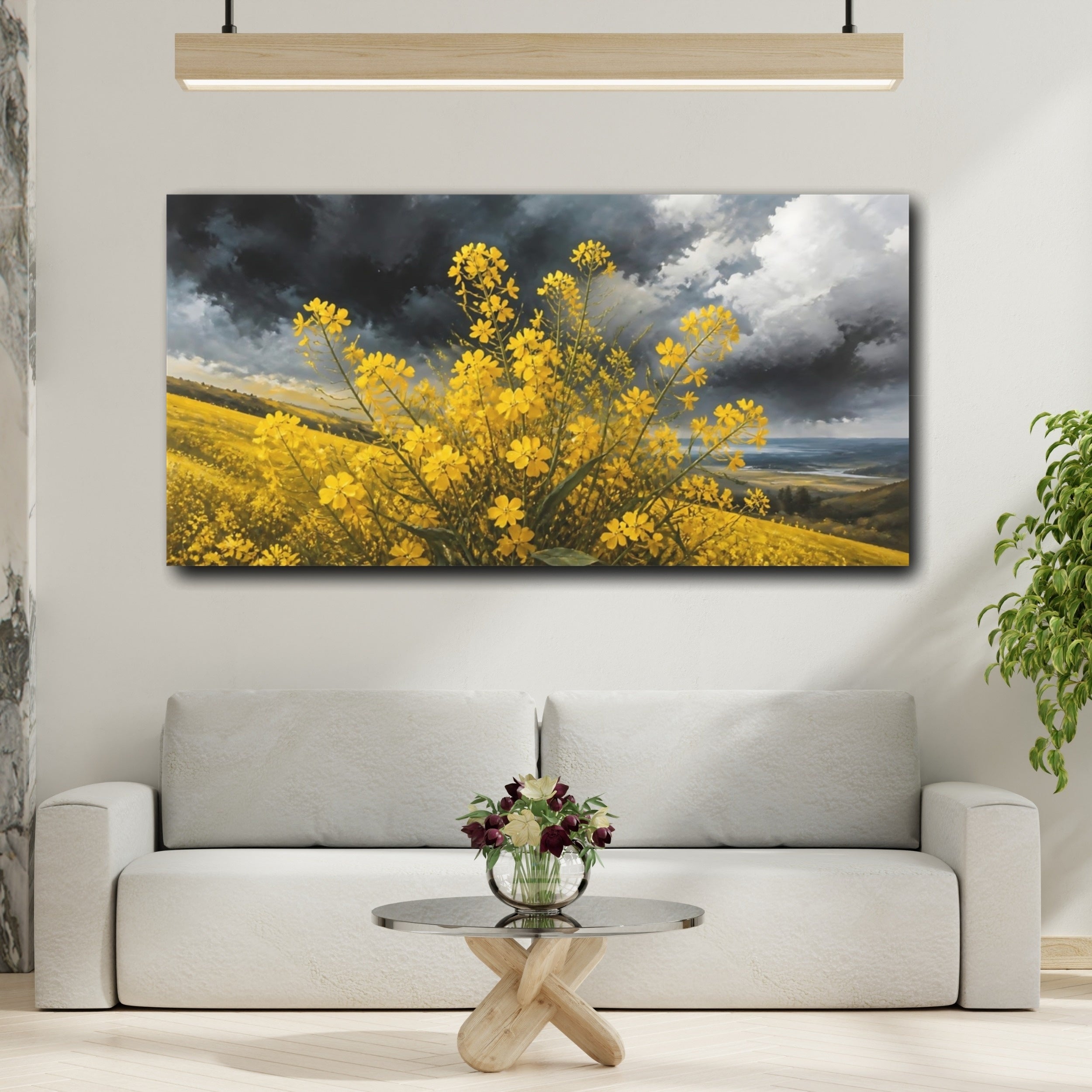 Mockup 2. Nature Yellow Flowers Yellow And Grey shown as stretched canvas wall art