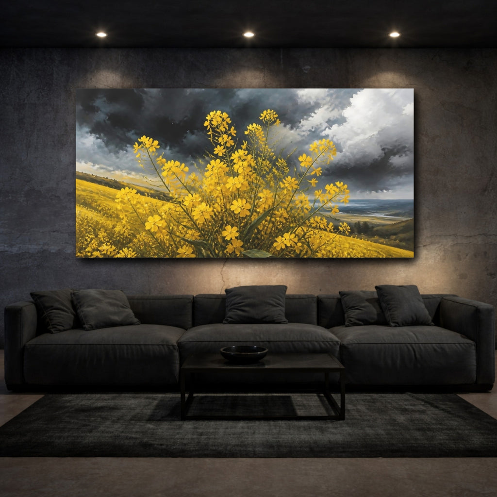 Mockup 3. Nature Yellow Flowers Yellow And Grey shown as stretched canvas wall art