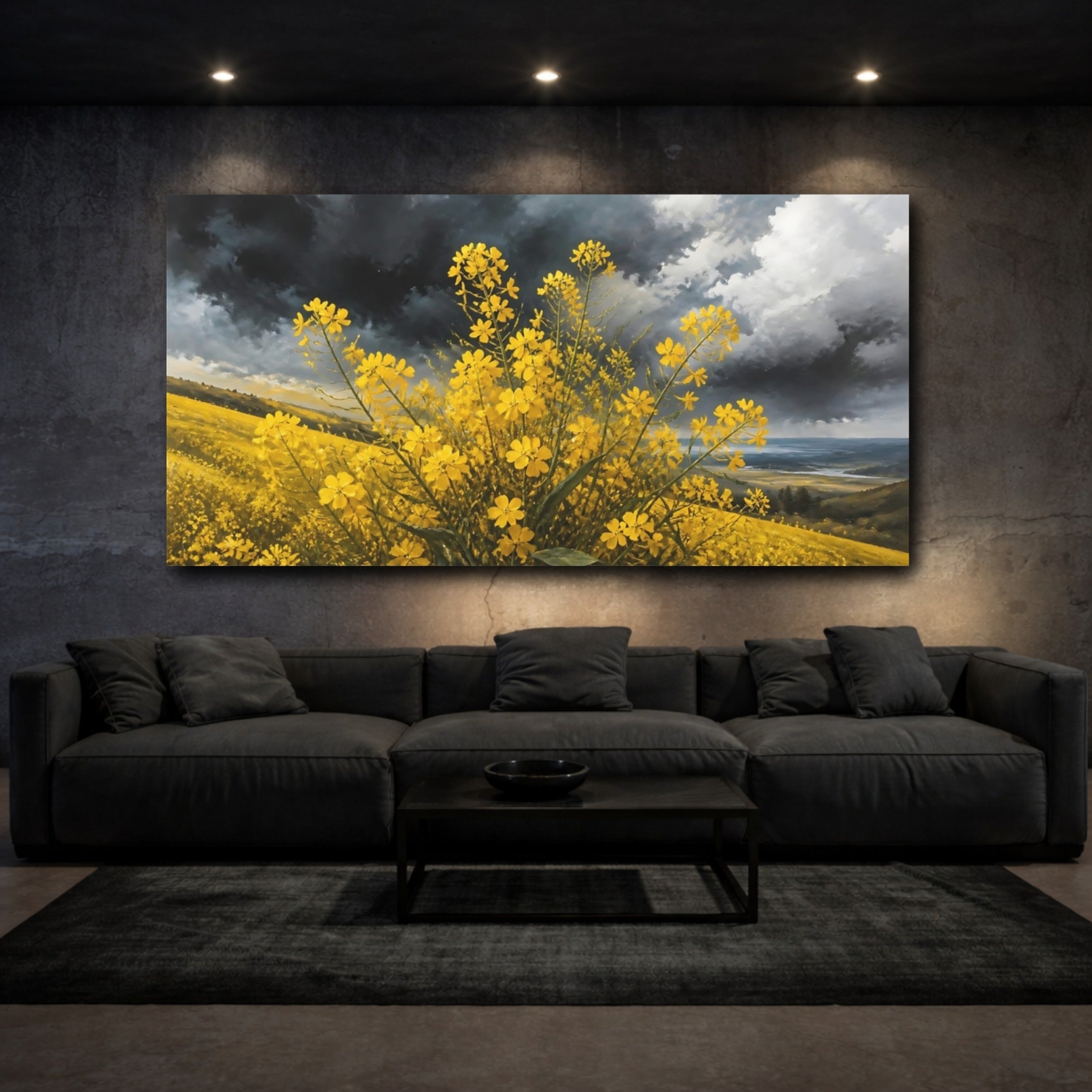 Mockup 3. Nature Yellow Flowers Yellow And Grey shown as stretched canvas wall art