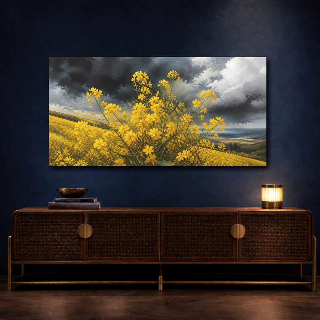 Mockup 4. Nature Yellow Flowers Yellow And Grey shown as stretched canvas wall art