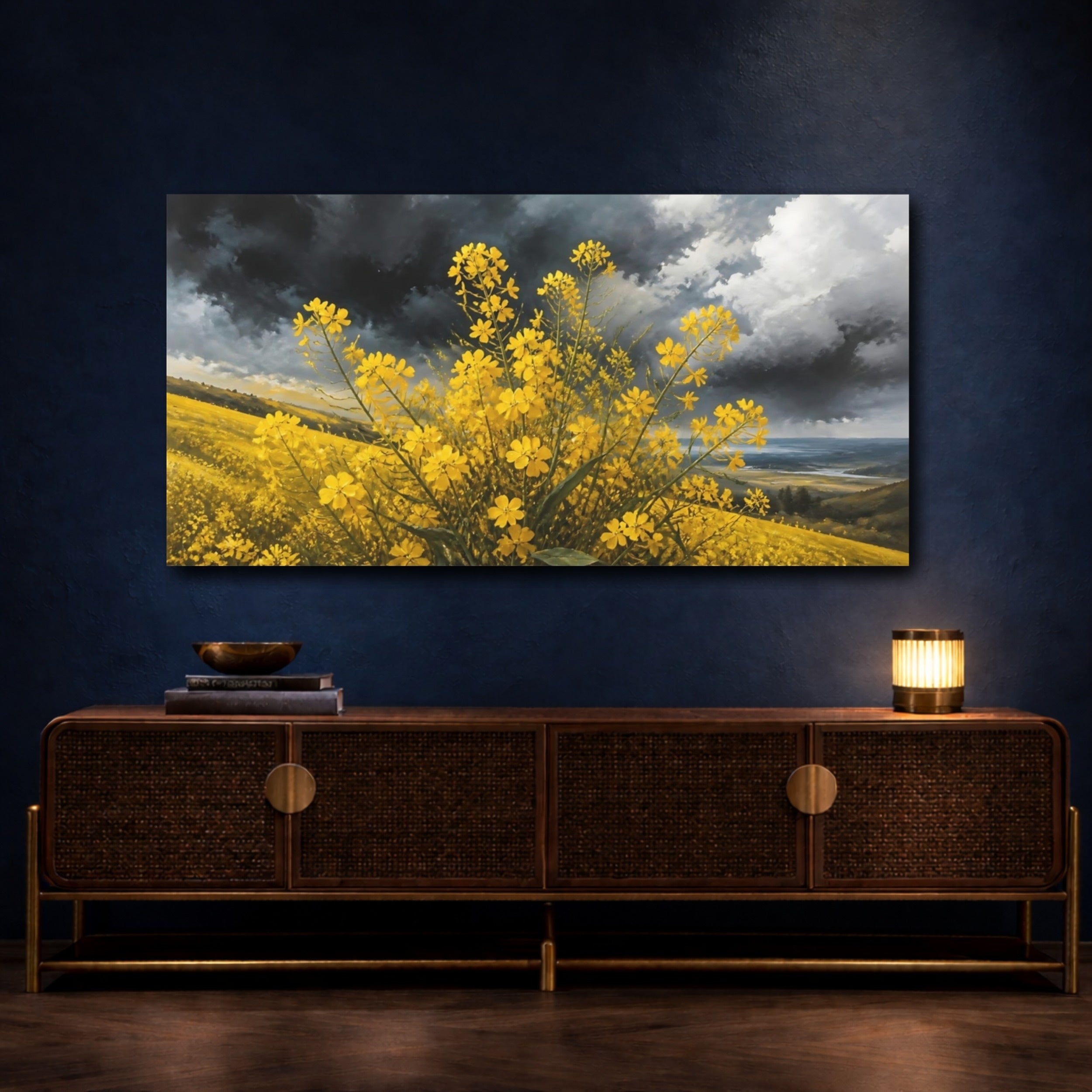 Mockup 4. Nature Yellow Flowers Yellow And Grey shown as stretched canvas wall art