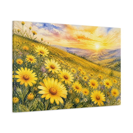 Main Mockup. Nature Yellow Flowers Yellow Flower Field shown as stretched canvas wall art
