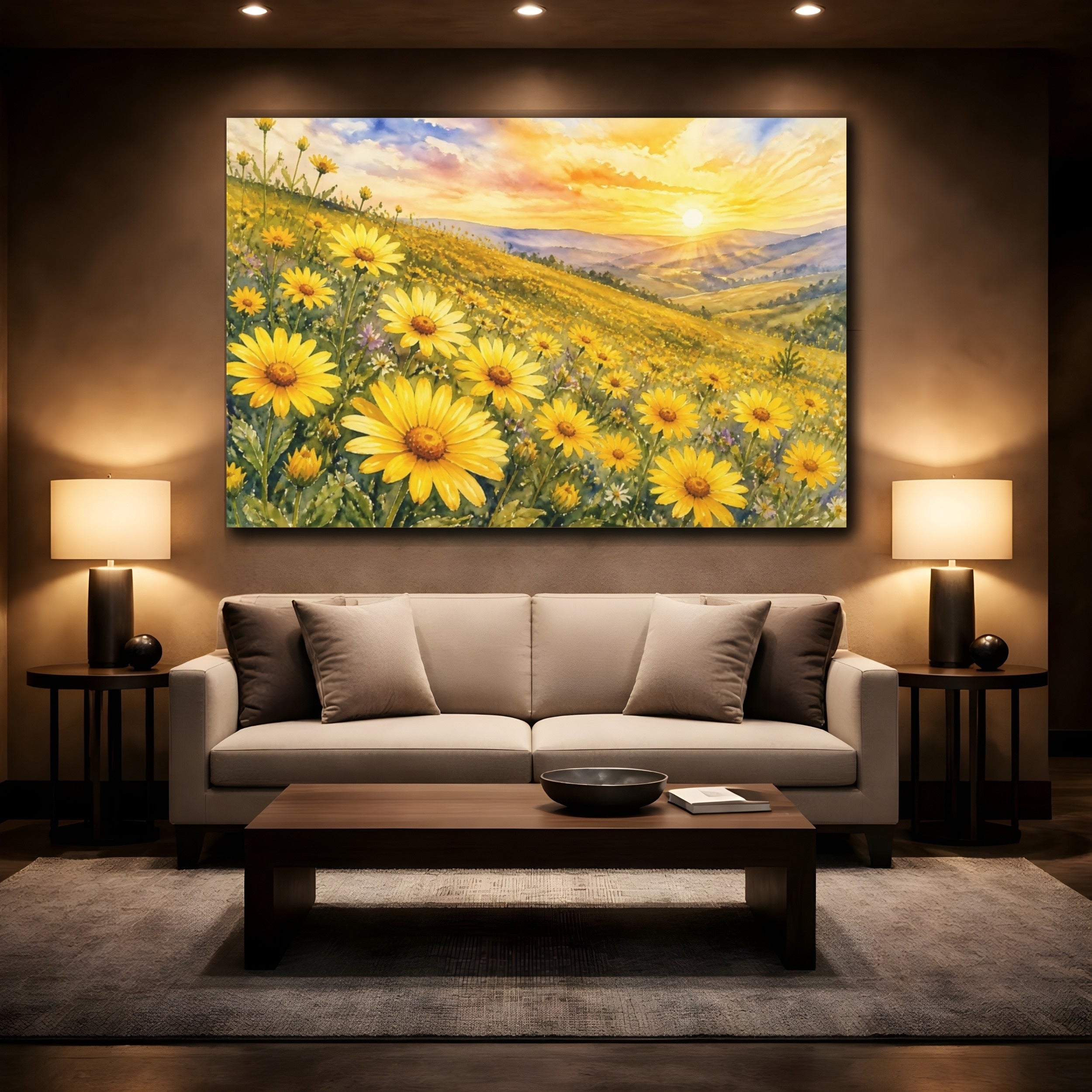 Mockup 2. Nature Yellow Flowers Yellow Flower Field shown as stretched canvas wall art