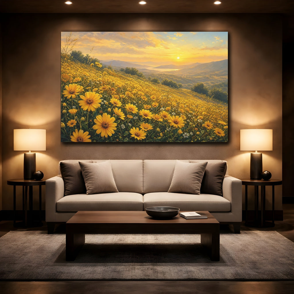 Mockup 2. Nature Yellow Flowers Yellow Flower Field shown as stretched canvas wall art