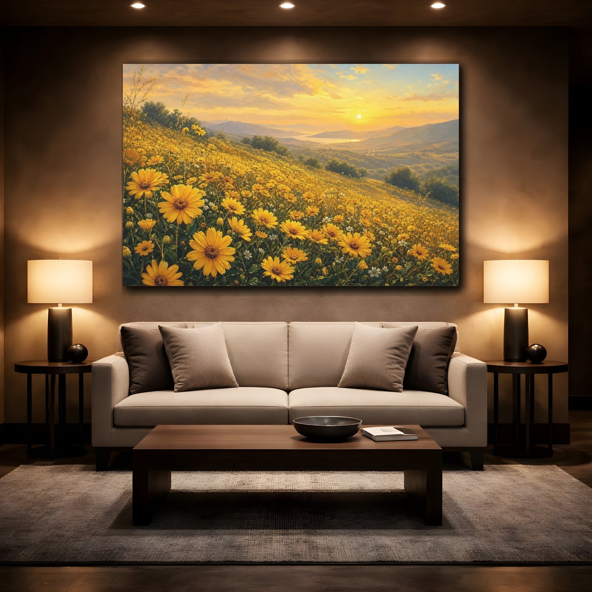 Mockup 2. Nature Yellow Flowers Yellow Flower Field shown as stretched canvas wall art