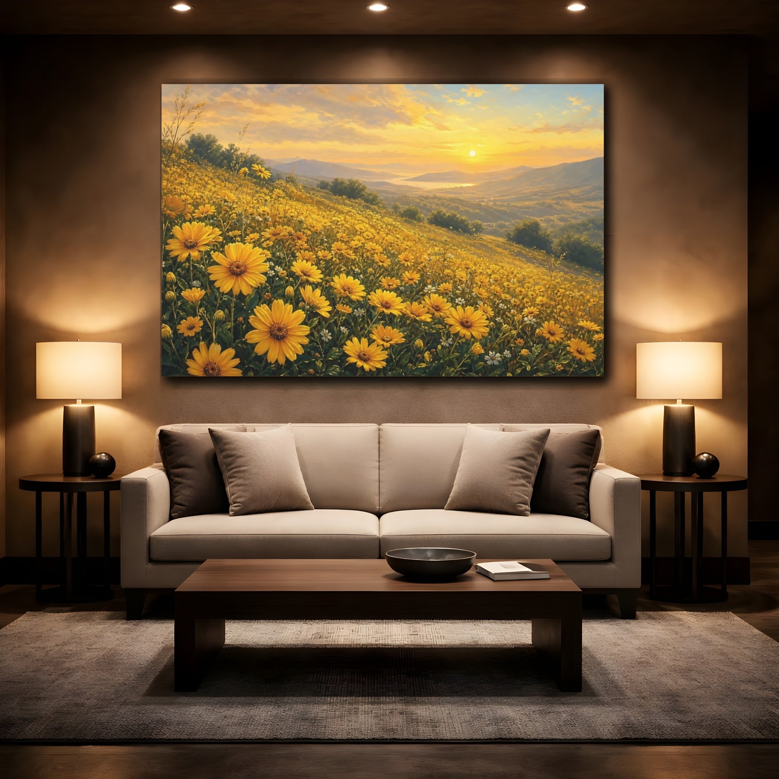 Mockup 2. Nature Yellow Flowers Yellow Flower Field shown as stretched canvas wall art