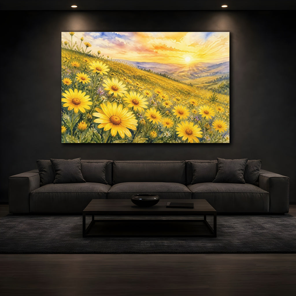 Mockup 3. Nature Yellow Flowers Yellow Flower Field shown as stretched canvas wall art