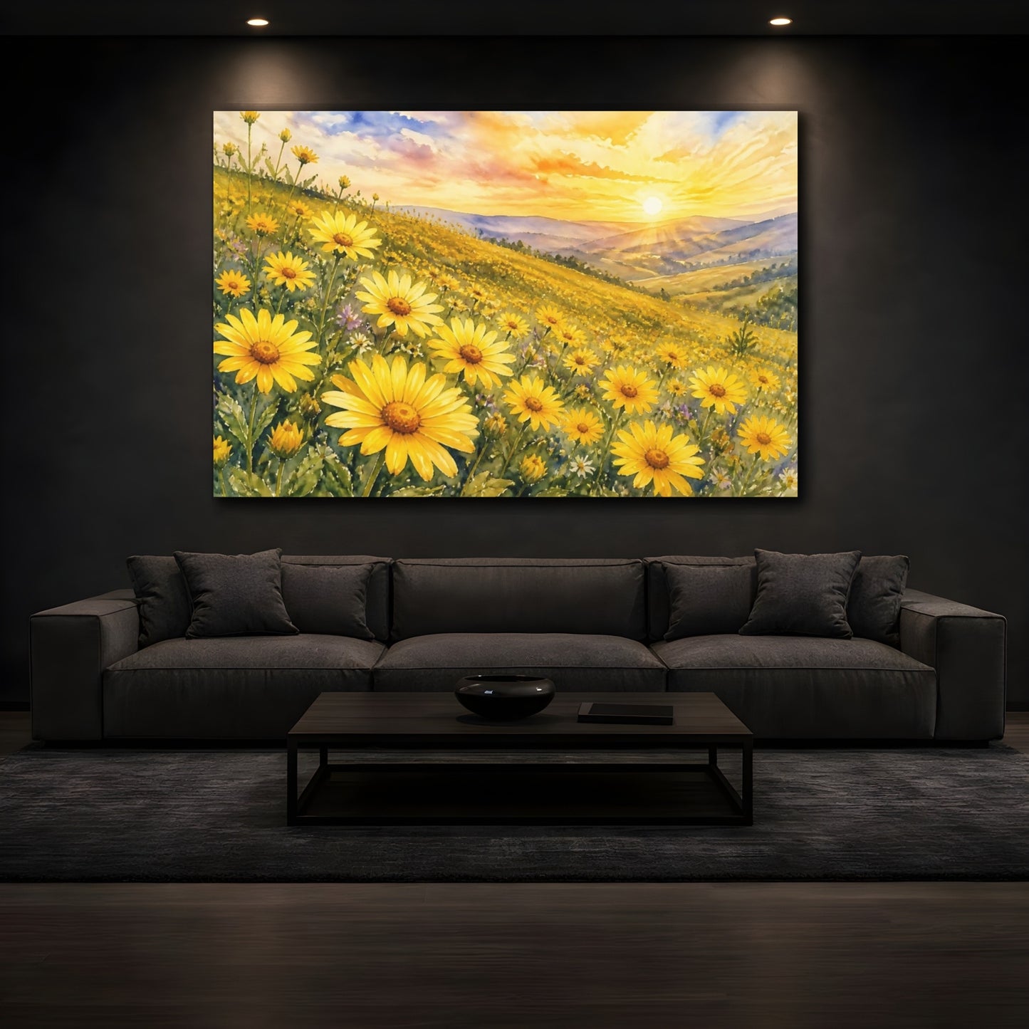 Mockup 3. Nature Yellow Flowers Yellow Flower Field shown as stretched canvas wall art