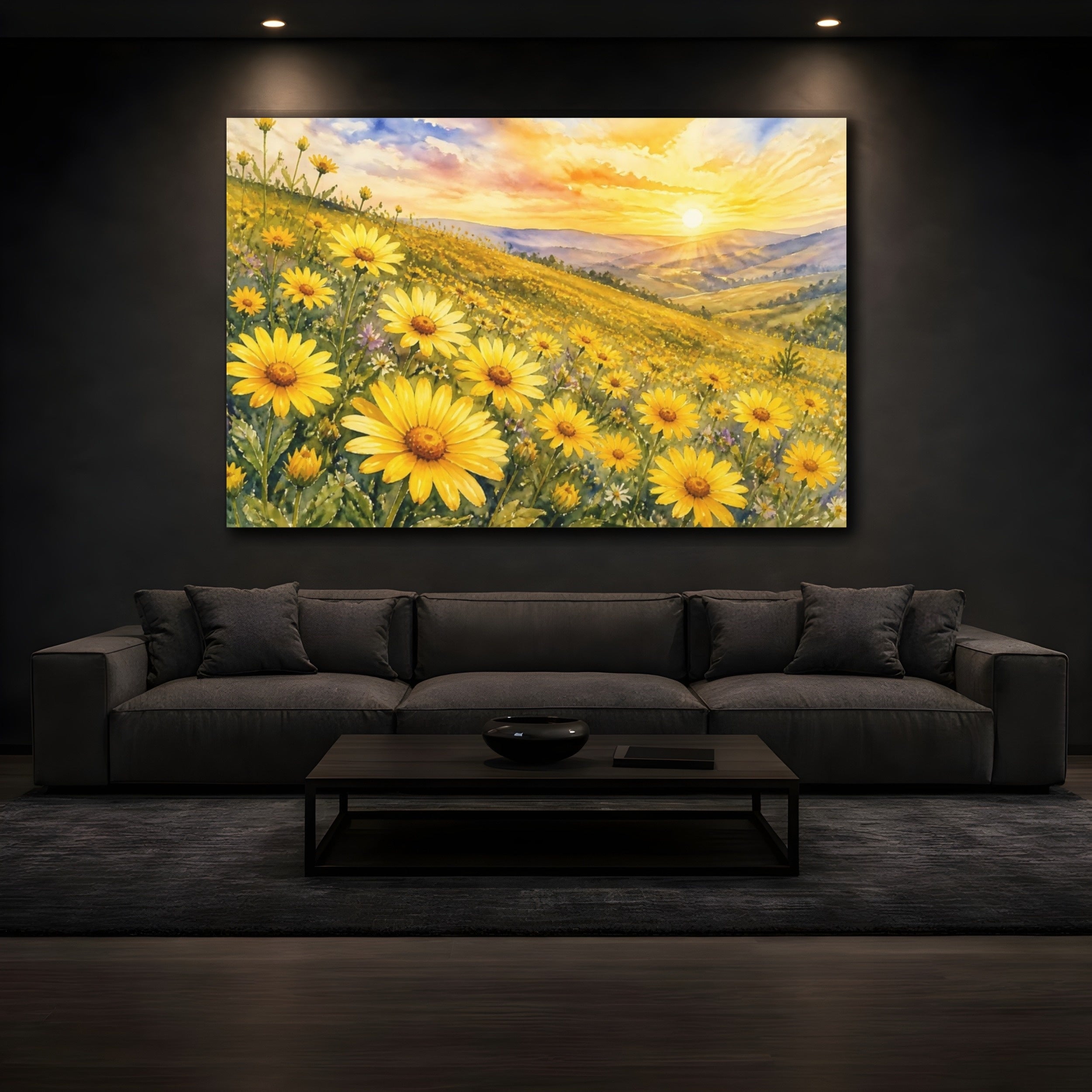 Mockup 3. Nature Yellow Flowers Yellow Flower Field shown as stretched canvas wall art