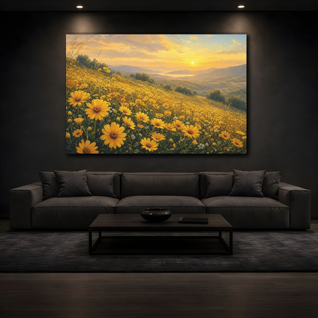 Mockup 3. Nature Yellow Flowers Yellow Flower Field shown as stretched canvas wall art