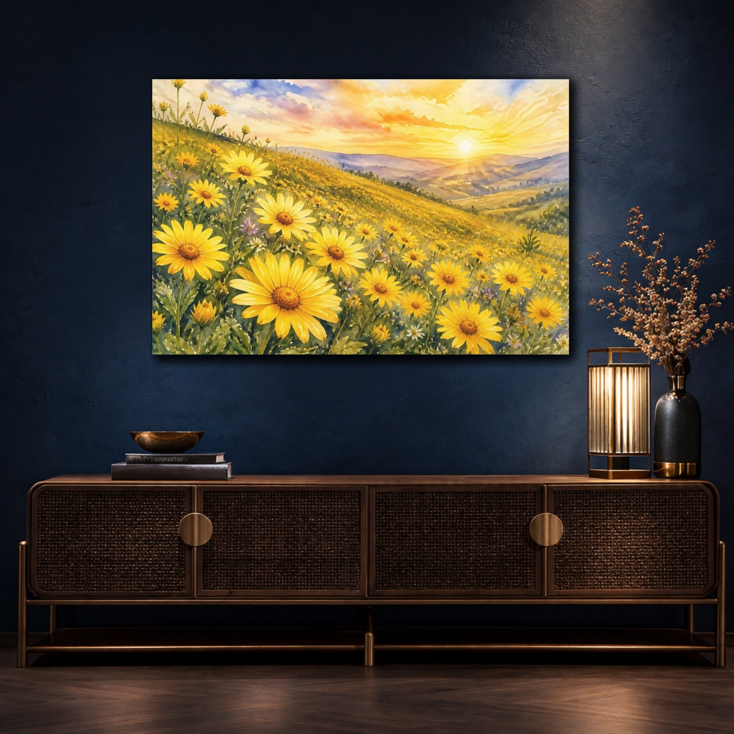 Mockup 4. Nature Yellow Flowers Yellow Flower Field shown as stretched canvas wall art