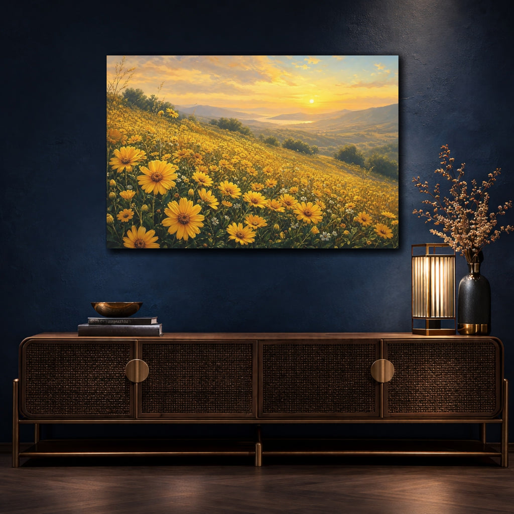 Mockup 4. Nature Yellow Flowers Yellow Flower Field shown as stretched canvas wall art