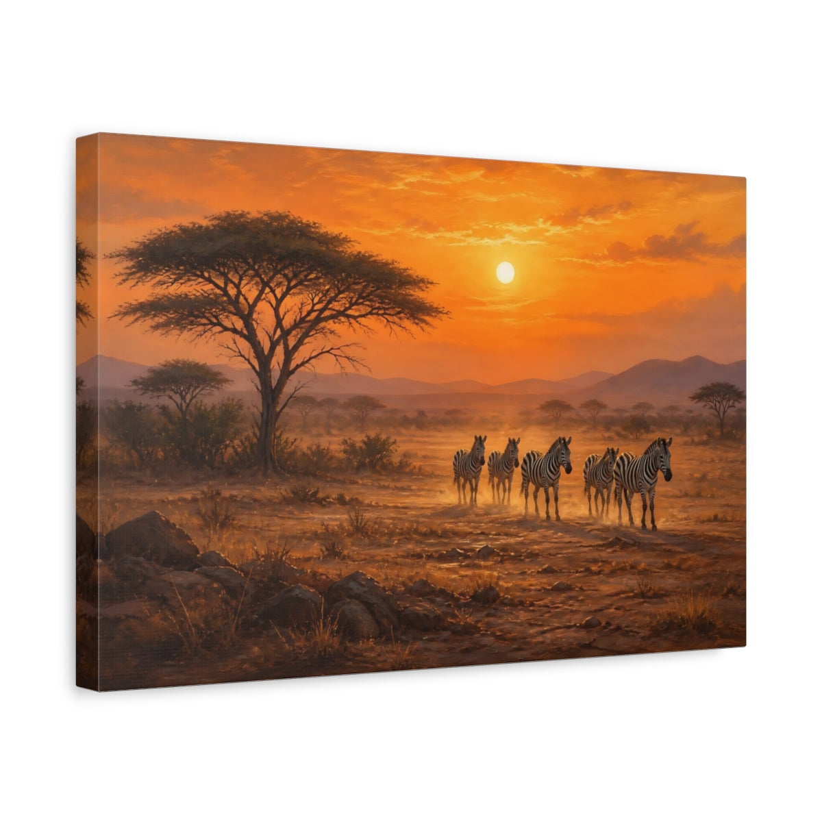 Side Mockup 4. Nature Zebras African Sunset shown as stretched canvas wall art