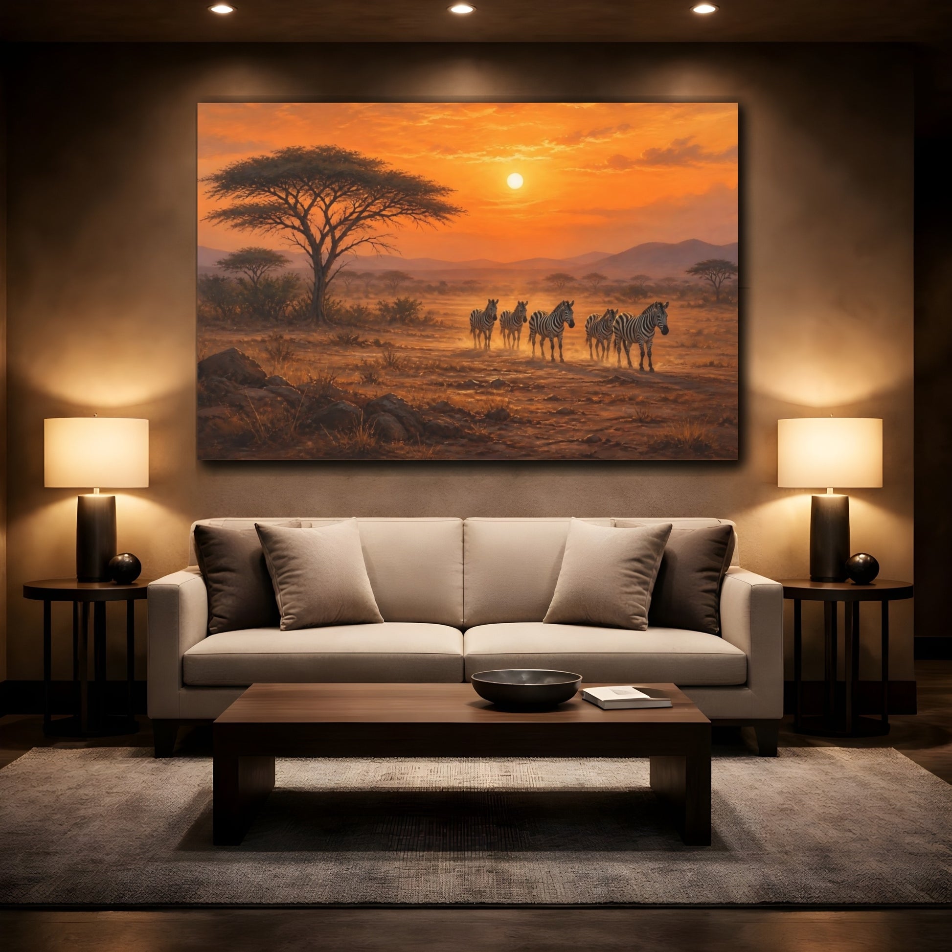 Mockup 2. Nature Zebras African Sunset shown as stretched canvas wall art