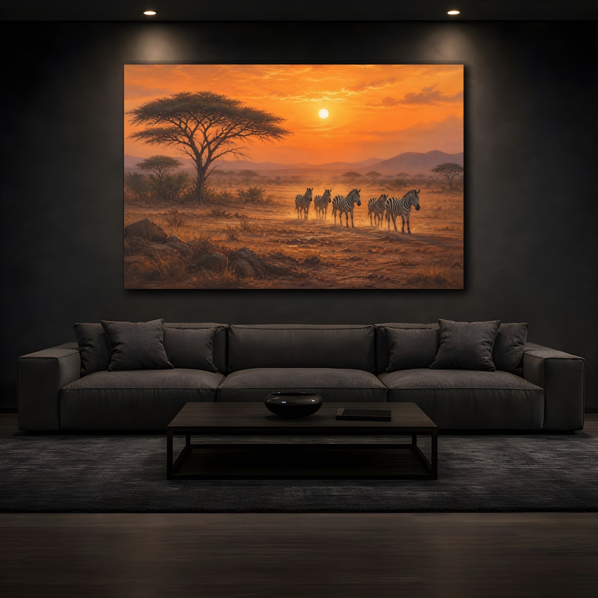Mockup 3. Nature Zebras African Sunset shown as stretched canvas wall art
