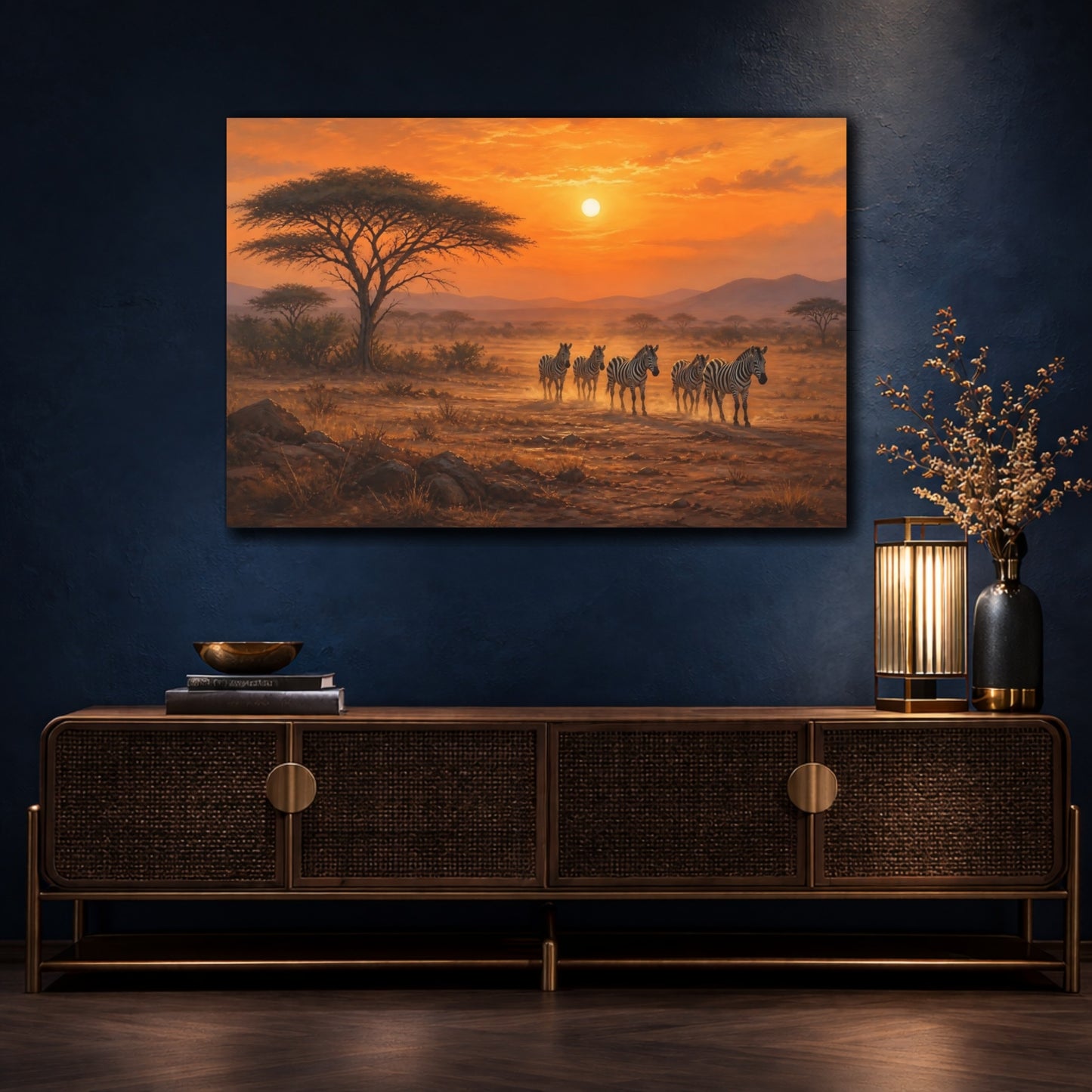 Mockup 4. Nature Zebras African Sunset shown as stretched canvas wall art