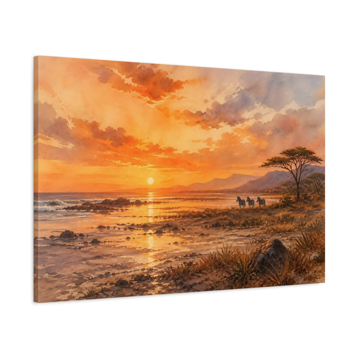 Main Mockup. Nature Zebras Orange Sunset shown as stretched canvas wall art