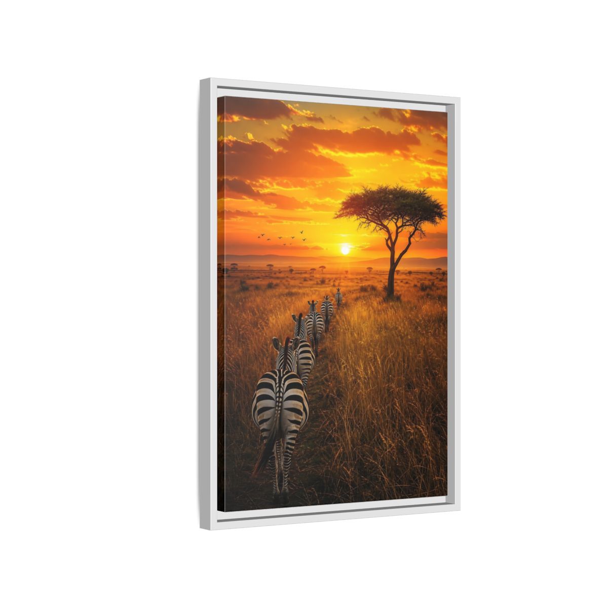 Side Mockup 1. Nature Zebras Orange Sunset Zebras shown as stretched canvas wall art