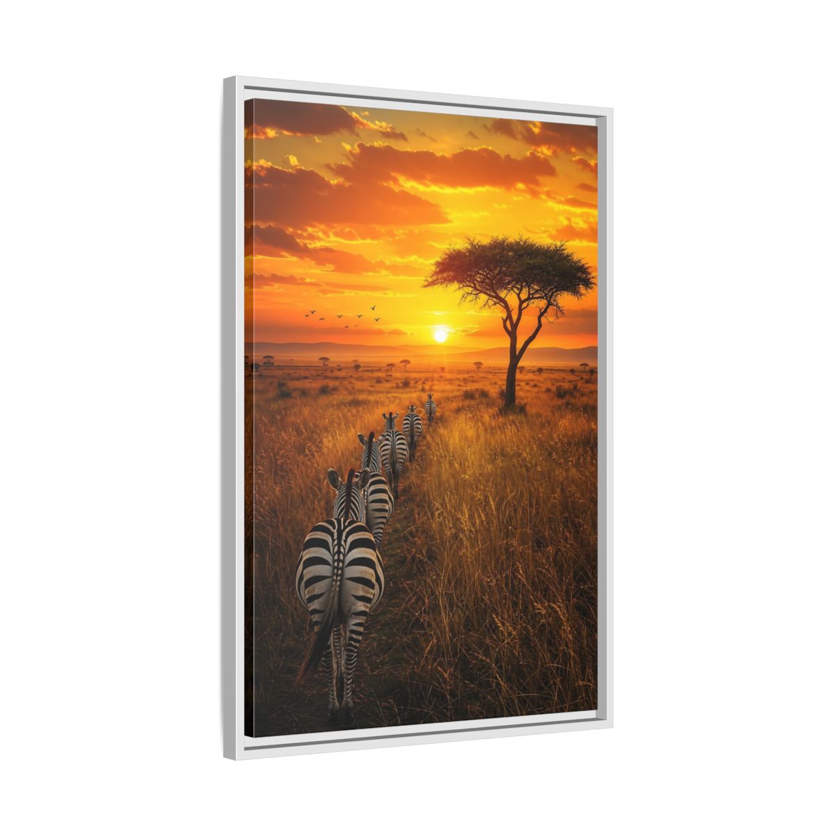 Side Mockup 10. Nature Zebras Orange Sunset Zebras shown as stretched canvas wall art