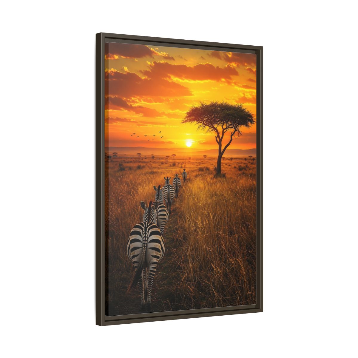 Side Mockup 11. Nature Zebras Orange Sunset Zebras shown as stretched canvas wall art