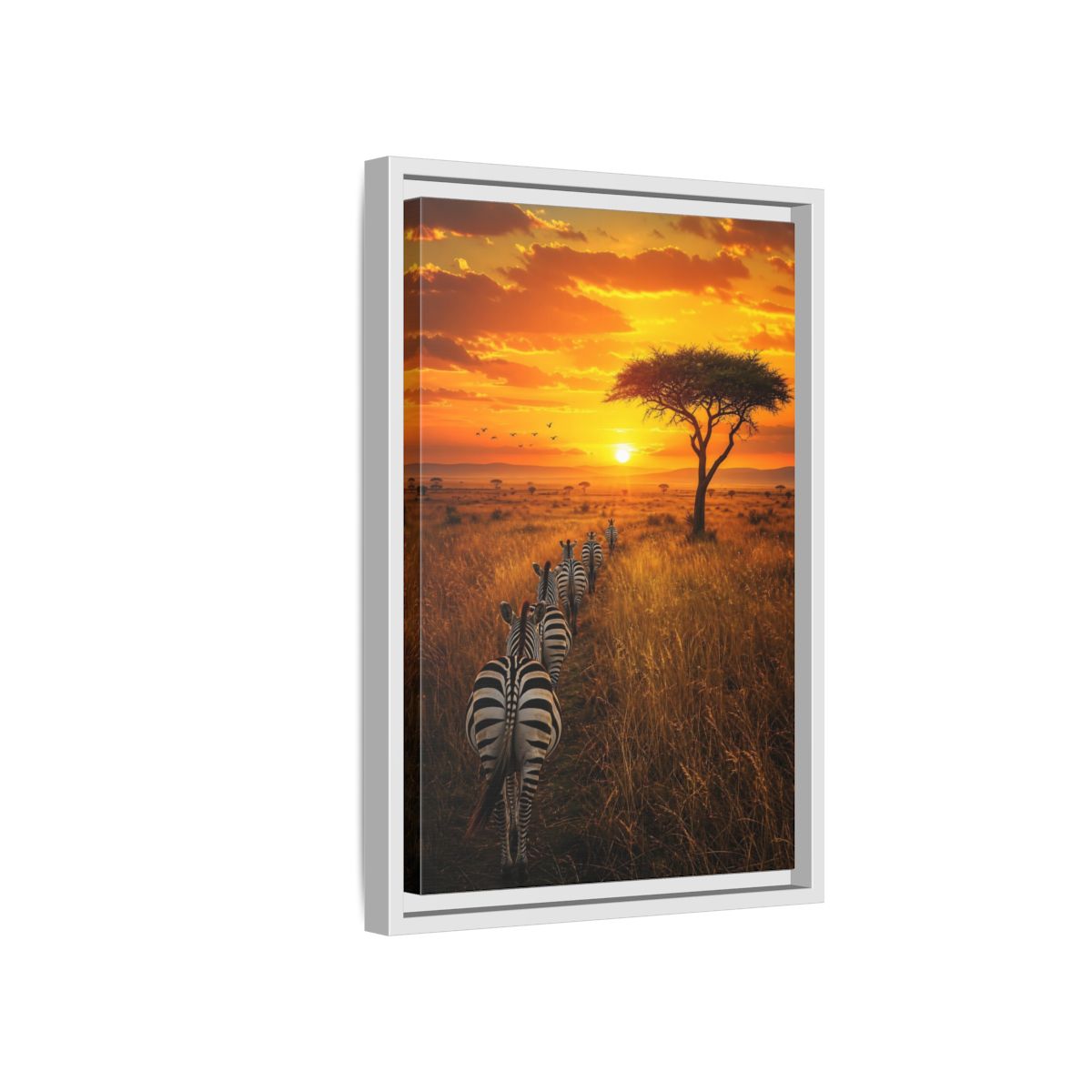 Side Mockup 4. Nature Zebras Orange Sunset Zebras shown as stretched canvas wall art