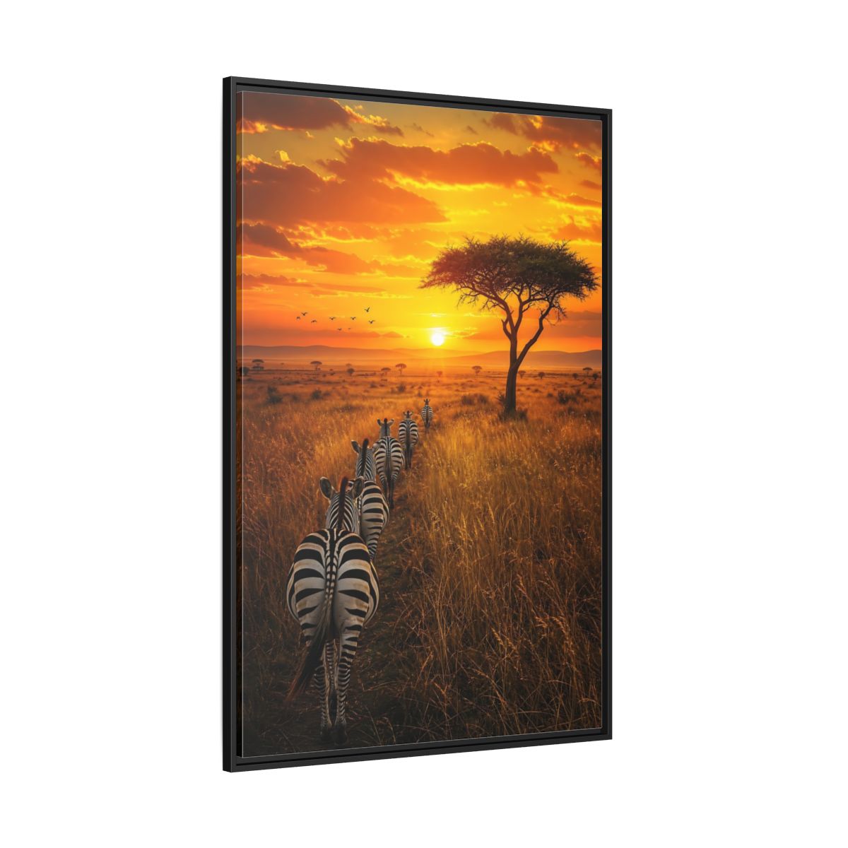 Side Mockup 12. Nature Zebras Orange Sunset Zebras shown as stretched canvas wall art