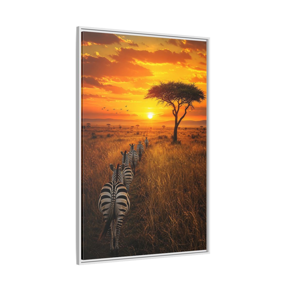 Side Mockup 7. Nature Zebras Orange Sunset Zebras shown as stretched canvas wall art