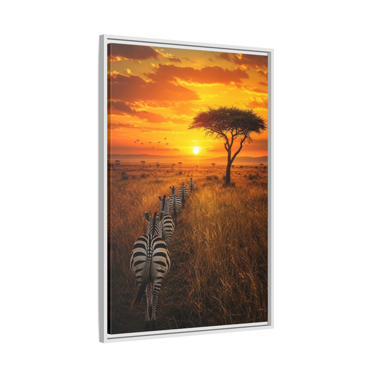 Side Mockup 9. Nature Zebras Orange Sunset Zebras shown as stretched canvas wall art