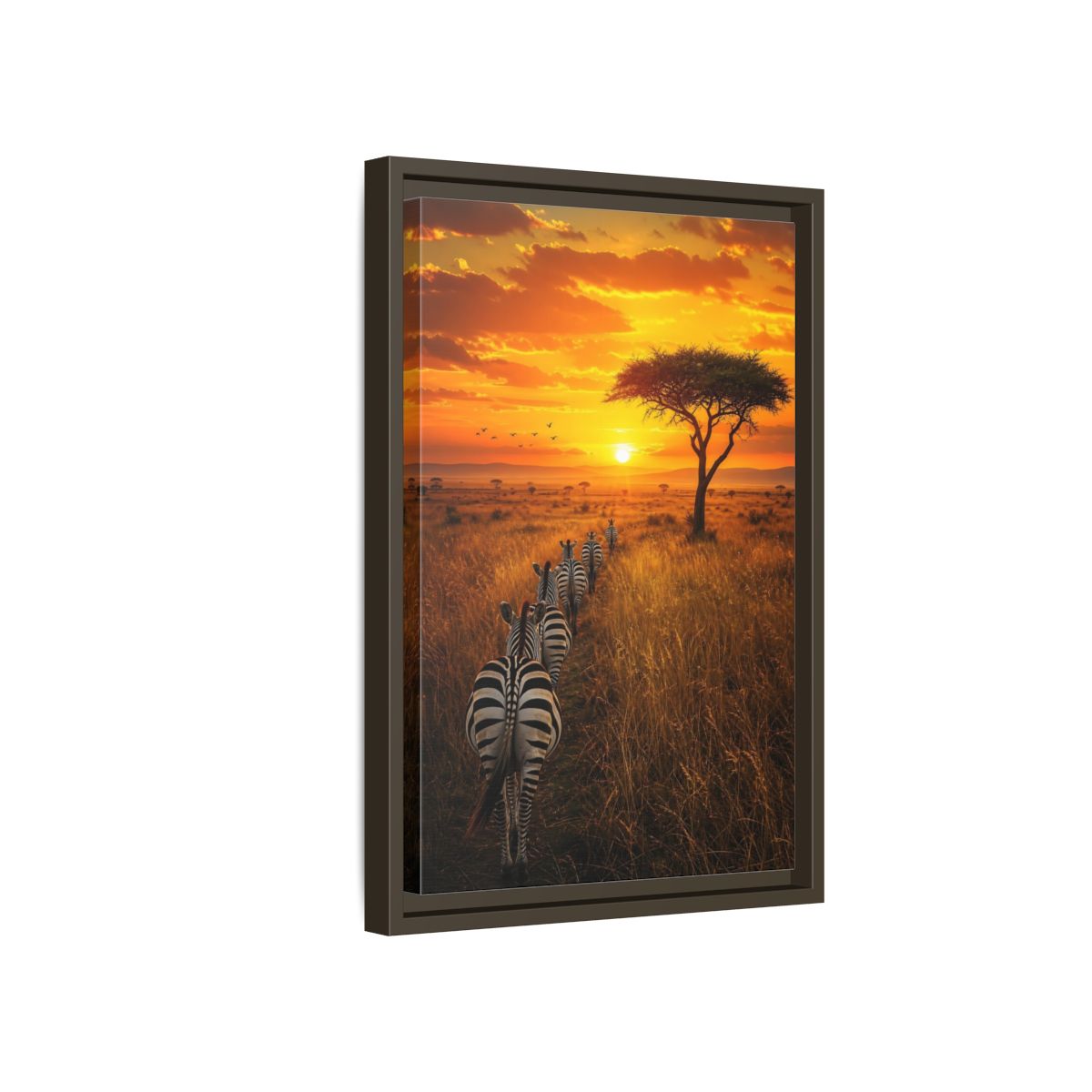 Side Mockup 5. Nature Zebras Orange Sunset Zebras shown as stretched canvas wall art