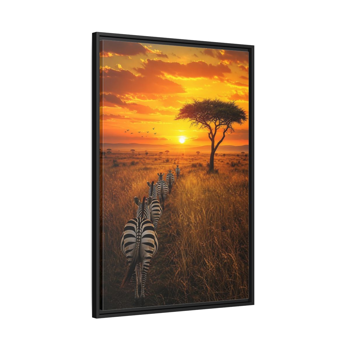 Side Mockup 13. Nature Zebras Orange Sunset Zebras shown as stretched canvas wall art