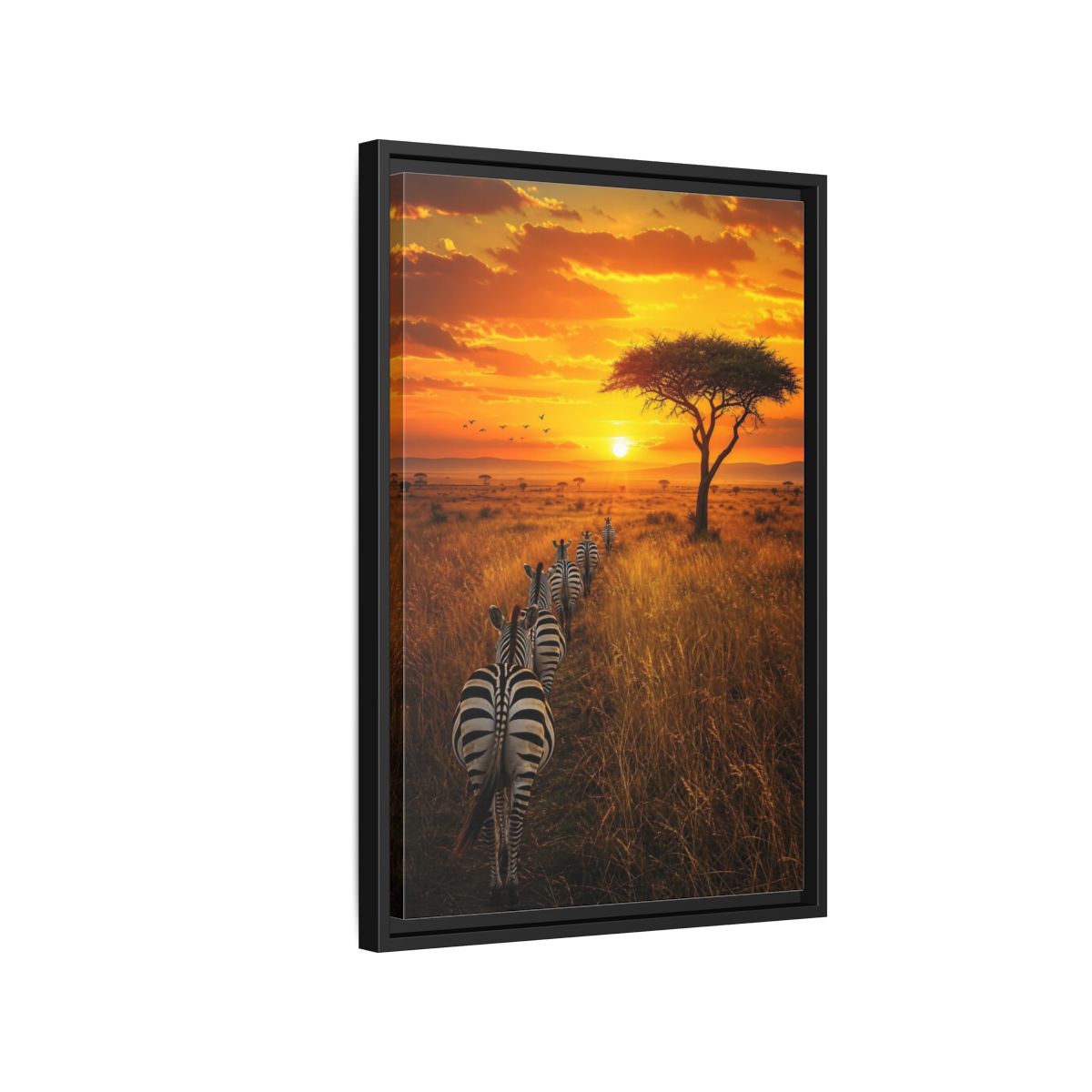 Side Mockup 3. Nature Zebras Orange Sunset Zebras shown as stretched canvas wall art