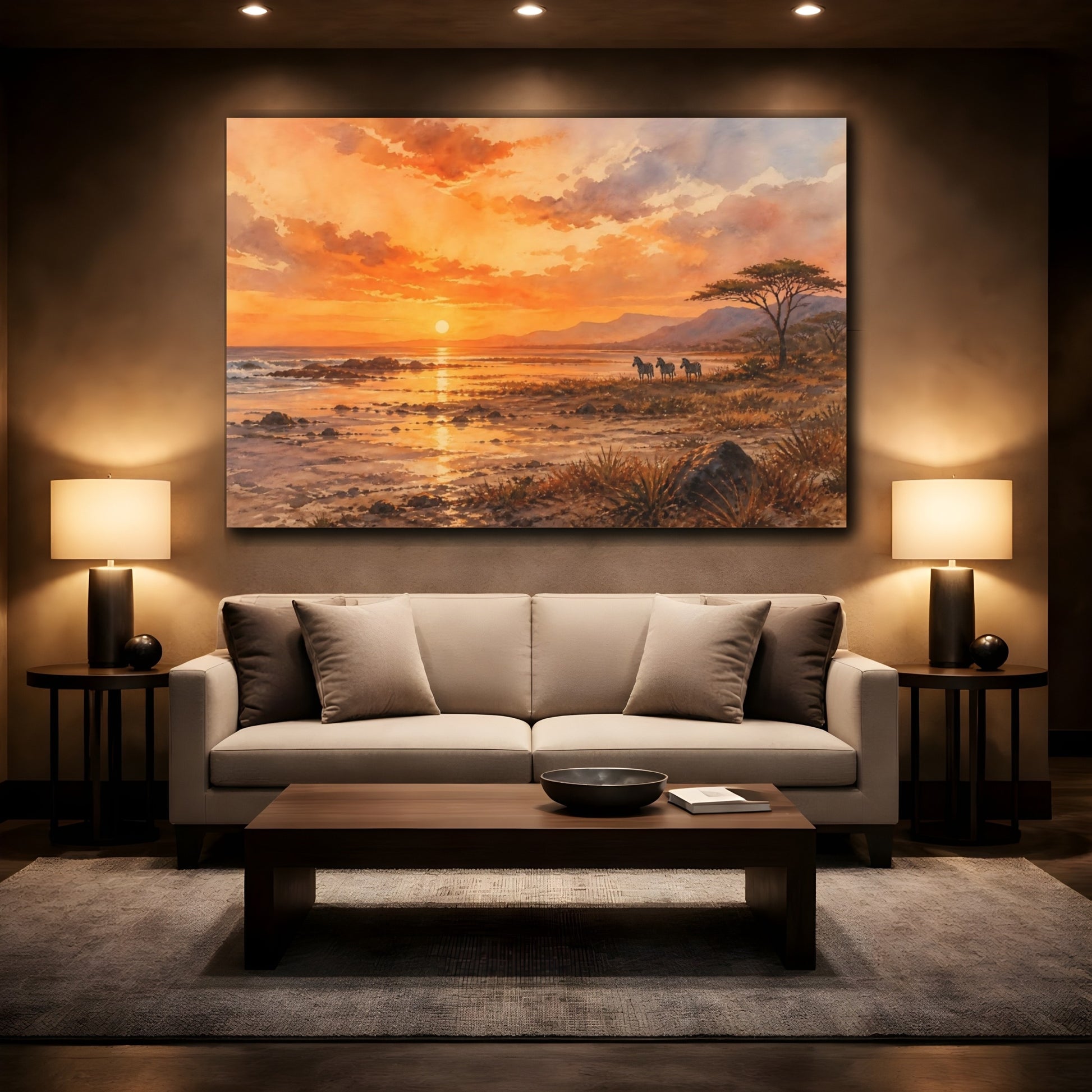 Mockup 2. Nature Zebras Orange Sunset shown as stretched canvas wall art