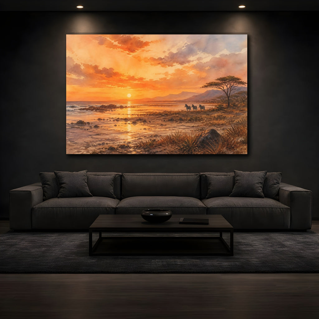 Mockup 3. Nature Zebras Orange Sunset shown as stretched canvas wall art