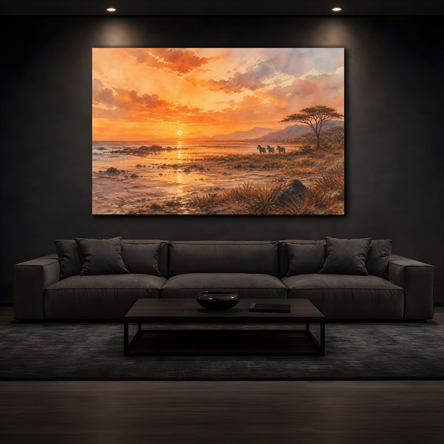 Mockup 3. Nature Zebras Orange Sunset shown as stretched canvas wall art