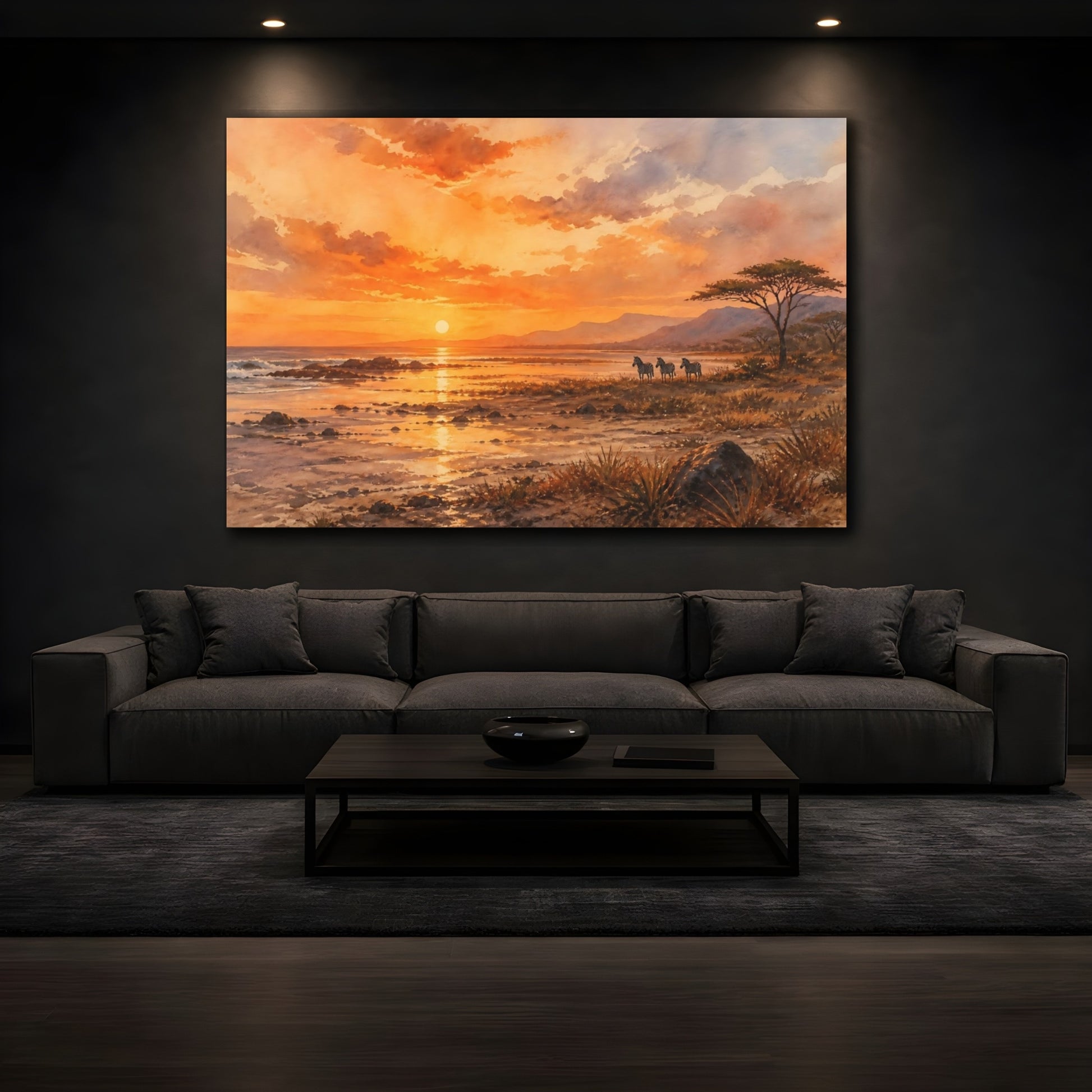 Mockup 3. Nature Zebras Orange Sunset shown as stretched canvas wall art