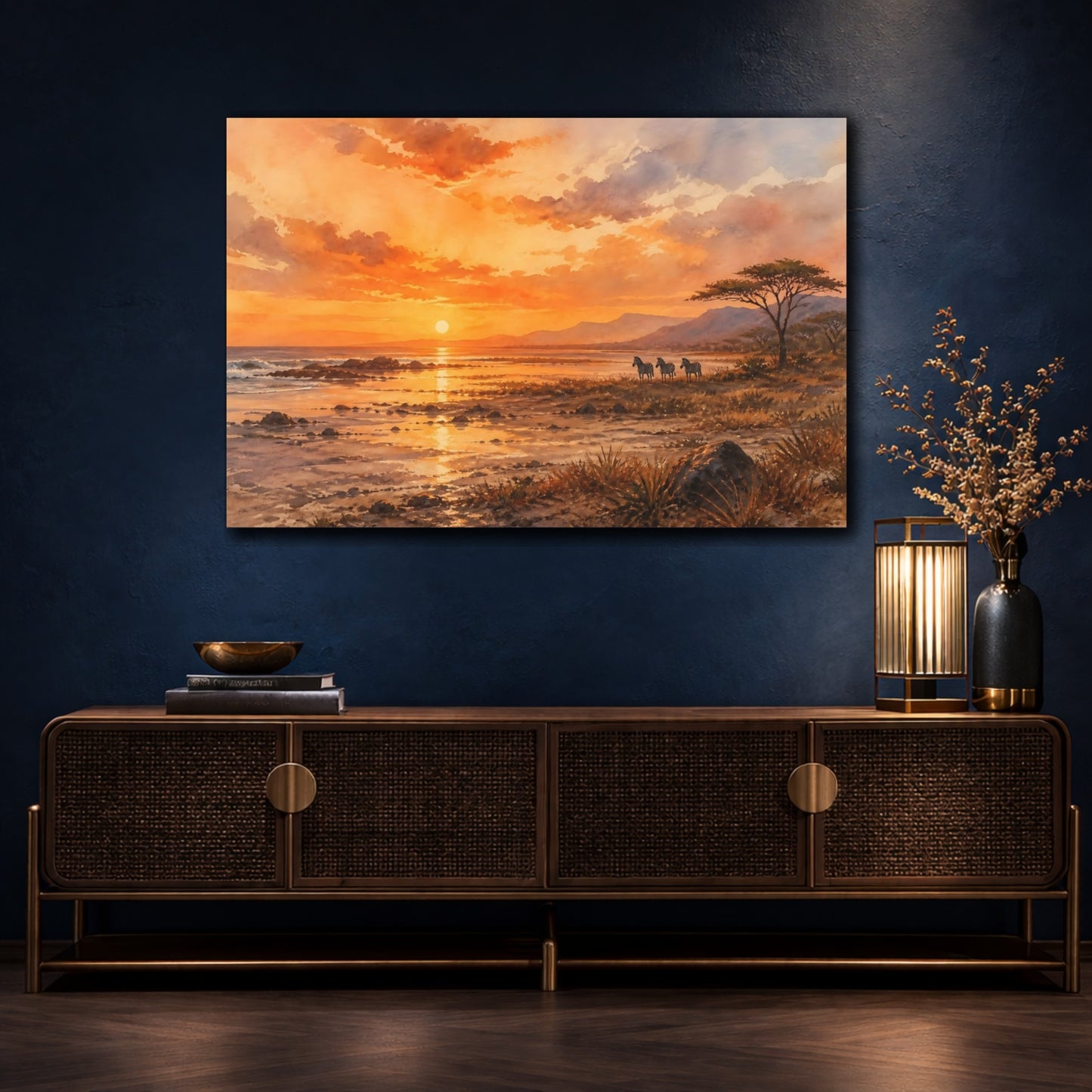 Mockup 4. Nature Zebras Orange Sunset shown as stretched canvas wall art