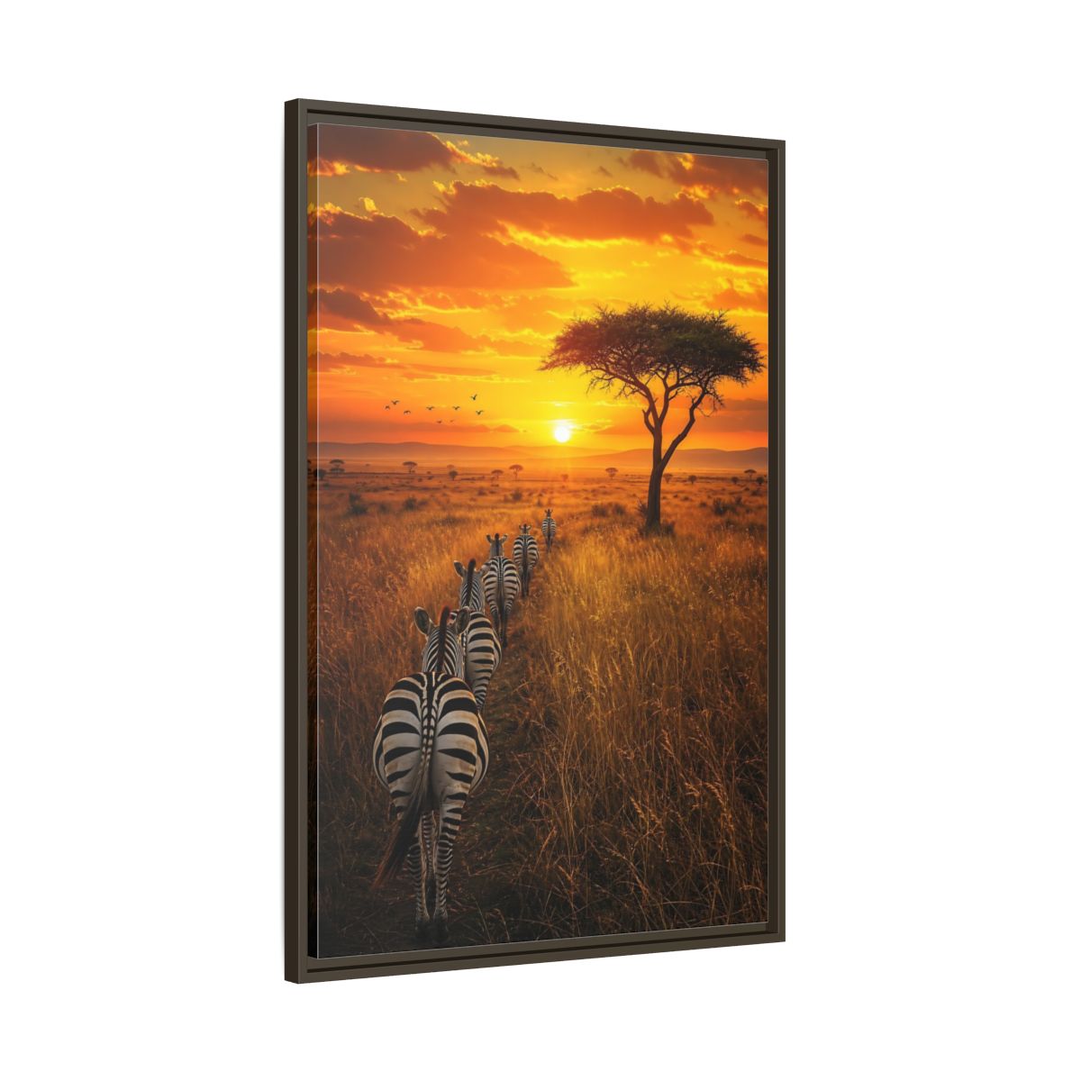 Main Mockup. Nature Zebras Orange Sunset Zebras shown as stretched canvas wall art