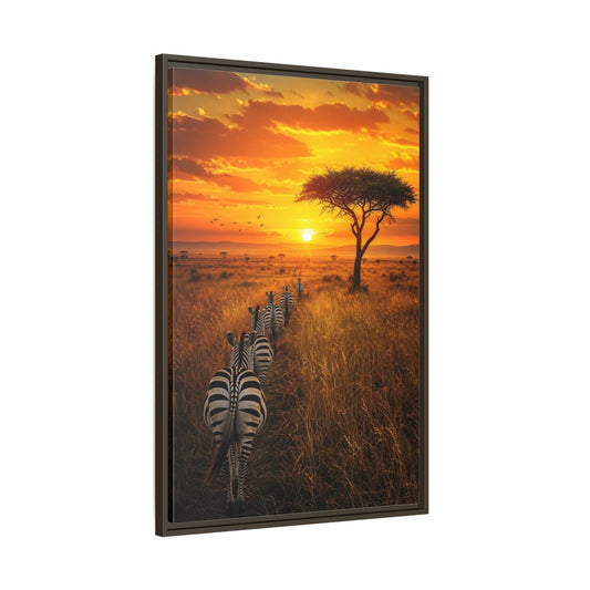 Main Mockup. Nature Zebras Orange Sunset Zebras shown as stretched canvas wall art