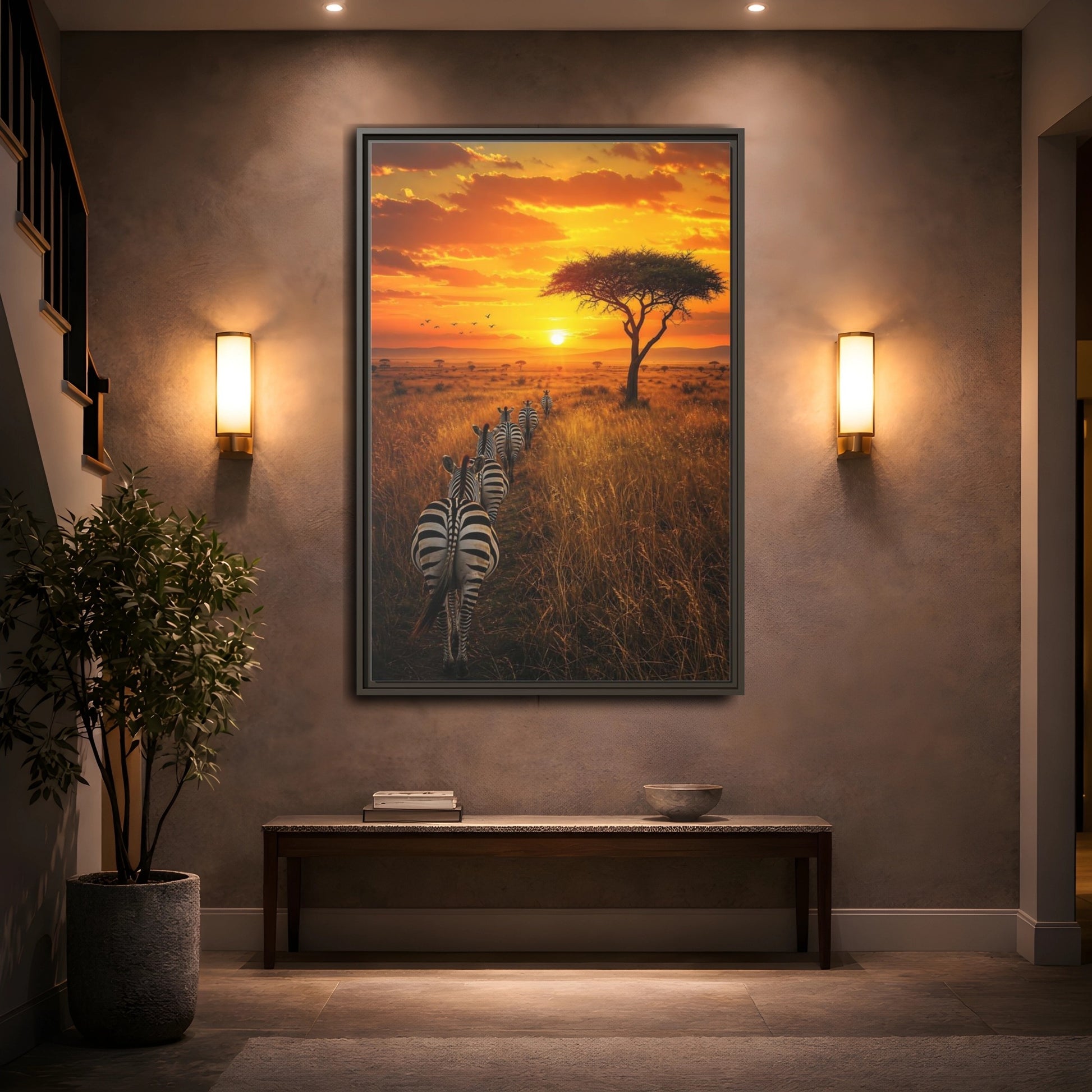 Mockup 2. Nature Zebras Orange Sunset Zebras shown as stretched canvas wall art
