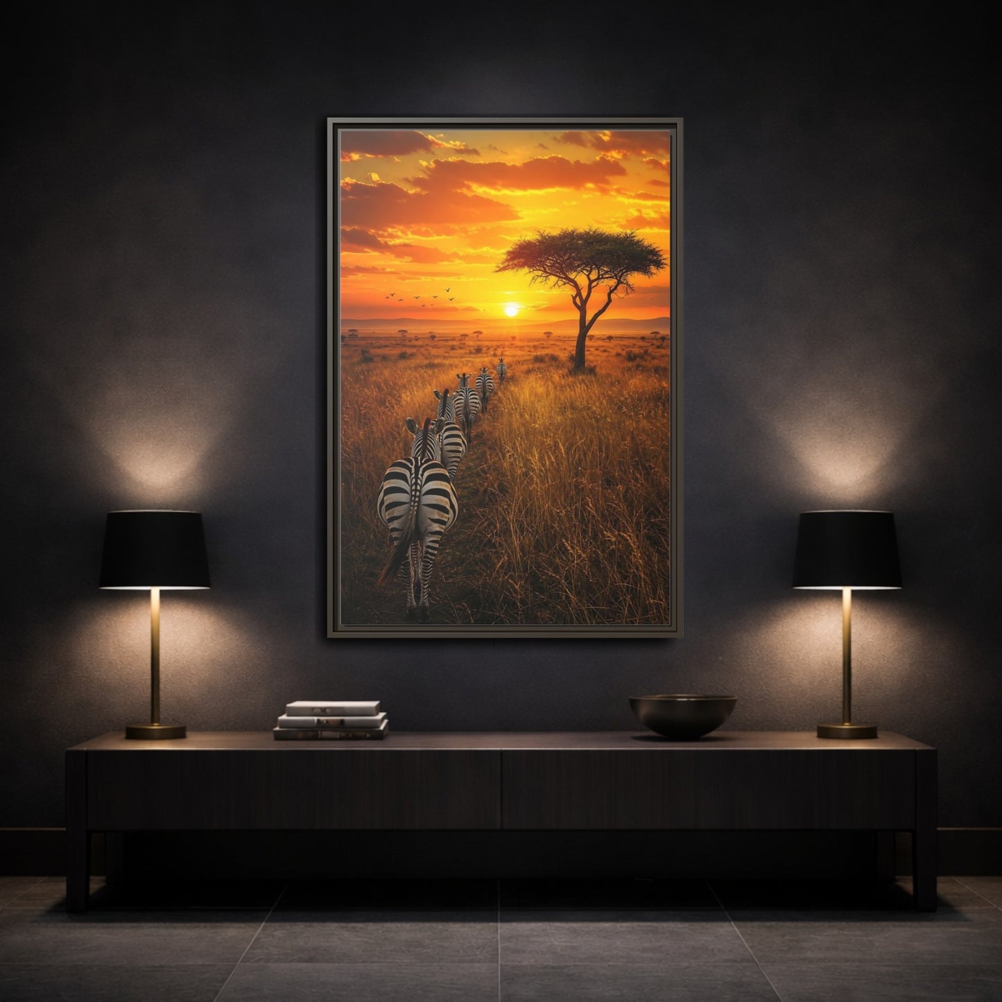 Mockup 3. Nature Zebras Orange Sunset Zebras shown as stretched canvas wall art