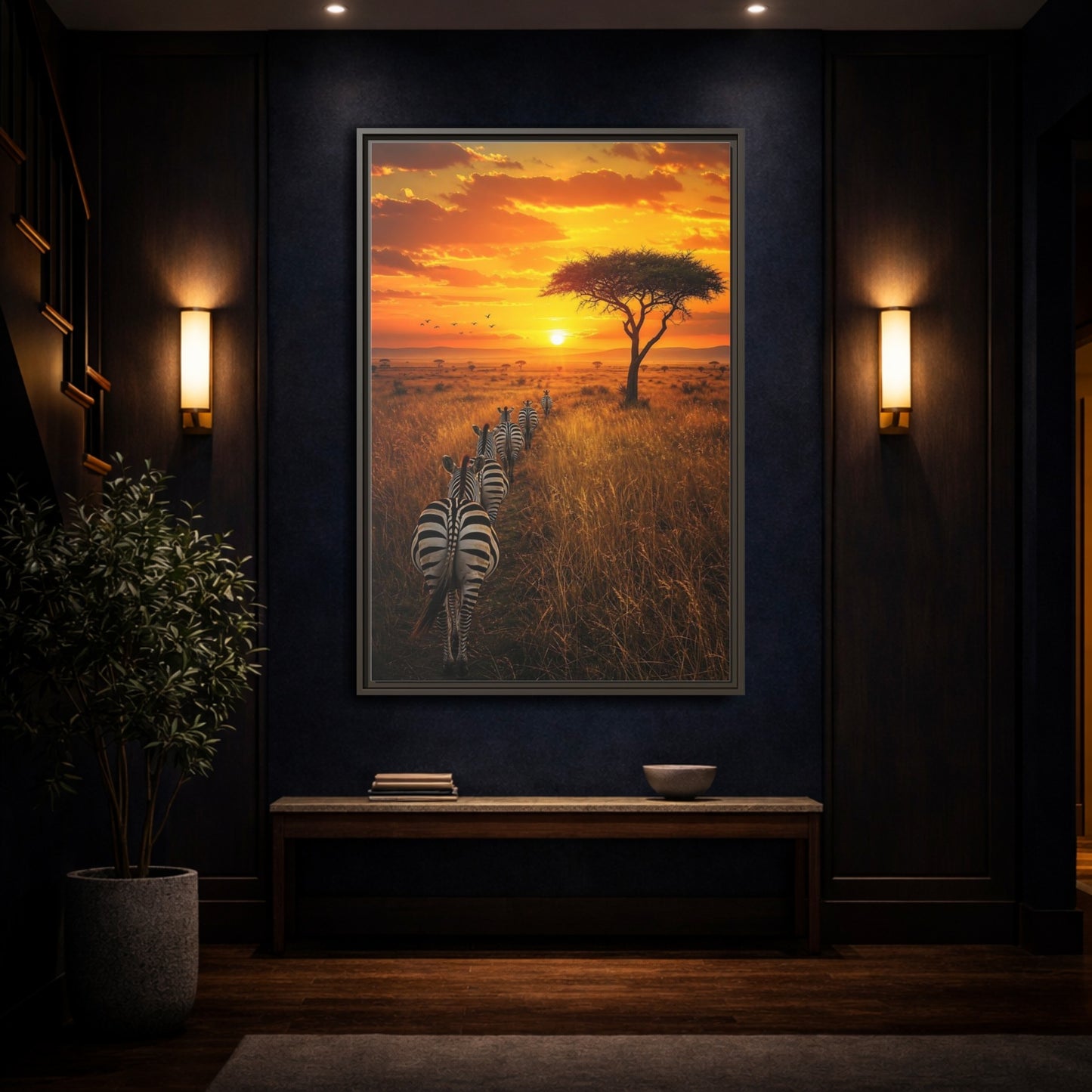 Mockup 4. Nature Zebras Orange Sunset Zebras shown as stretched canvas wall art