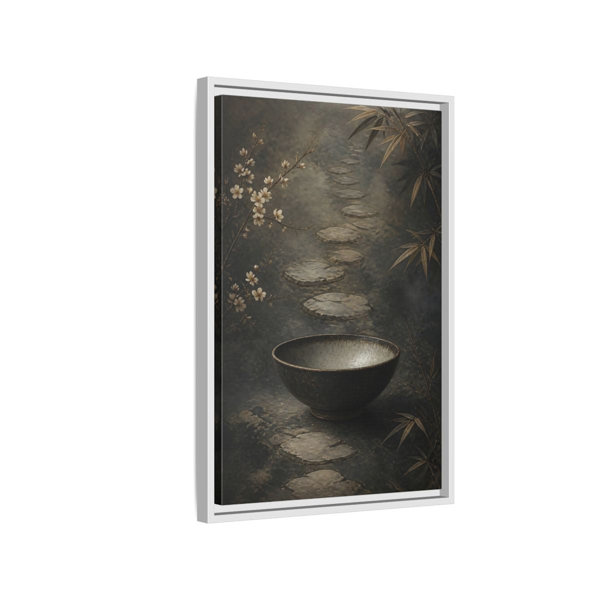 Side Mockup 1. Nature Zen Garden Brown Grey Aesthetic shown as stretched canvas wall art