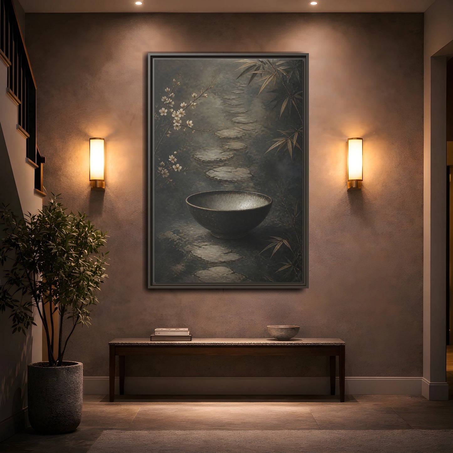 Mockup 2. Nature Zen Garden Brown Grey Aesthetic shown as stretched canvas wall art