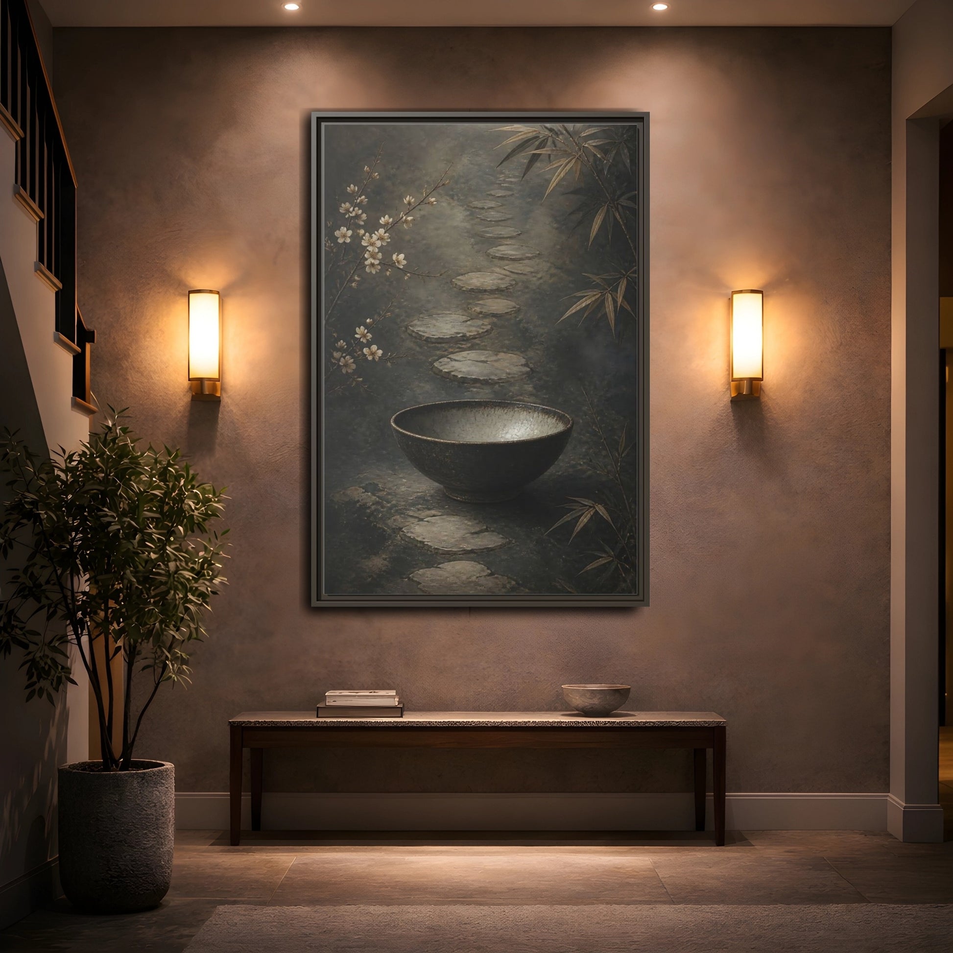 Mockup 2. Nature Zen Garden Brown Grey Aesthetic shown as stretched canvas wall art