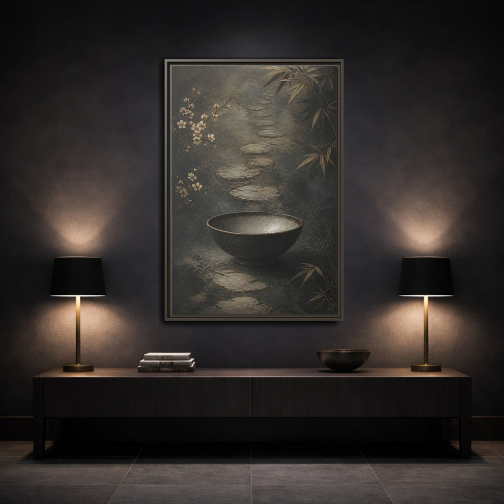Mockup 3. Nature Zen Garden Brown Grey Aesthetic shown as stretched canvas wall art