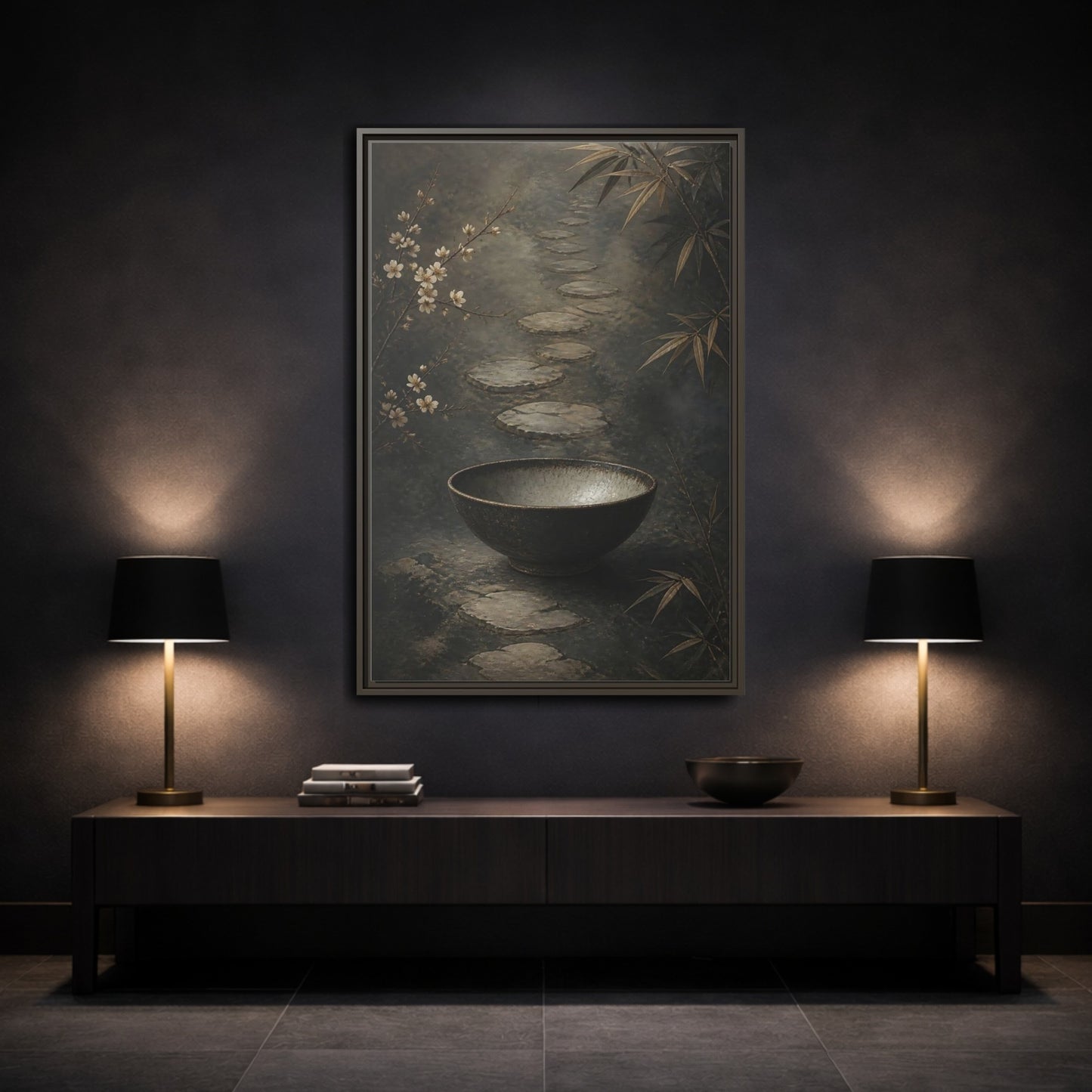 Mockup 3. Nature Zen Garden Brown Grey Aesthetic shown as stretched canvas wall art