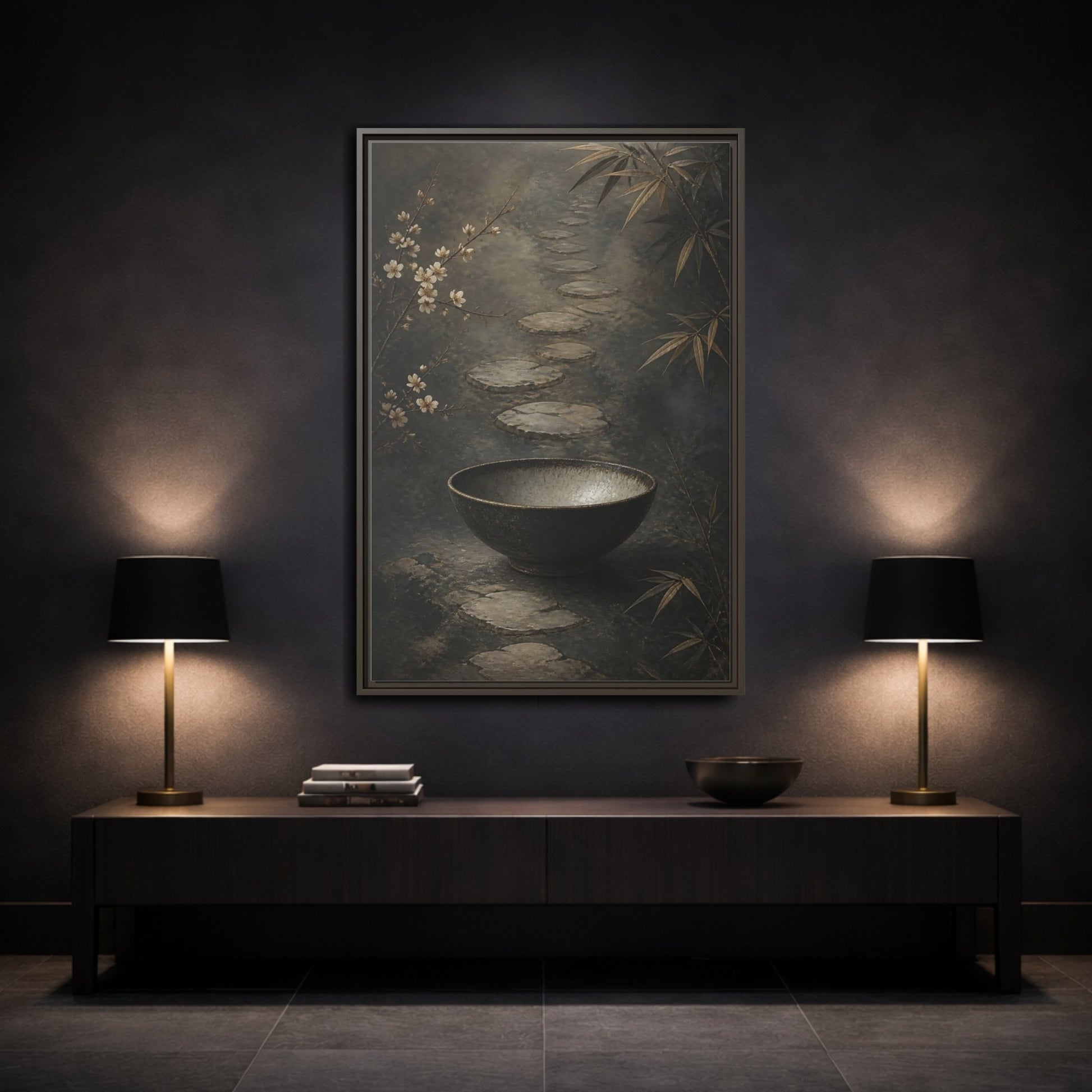 Mockup 3. Nature Zen Garden Brown Grey Aesthetic shown as stretched canvas wall art
