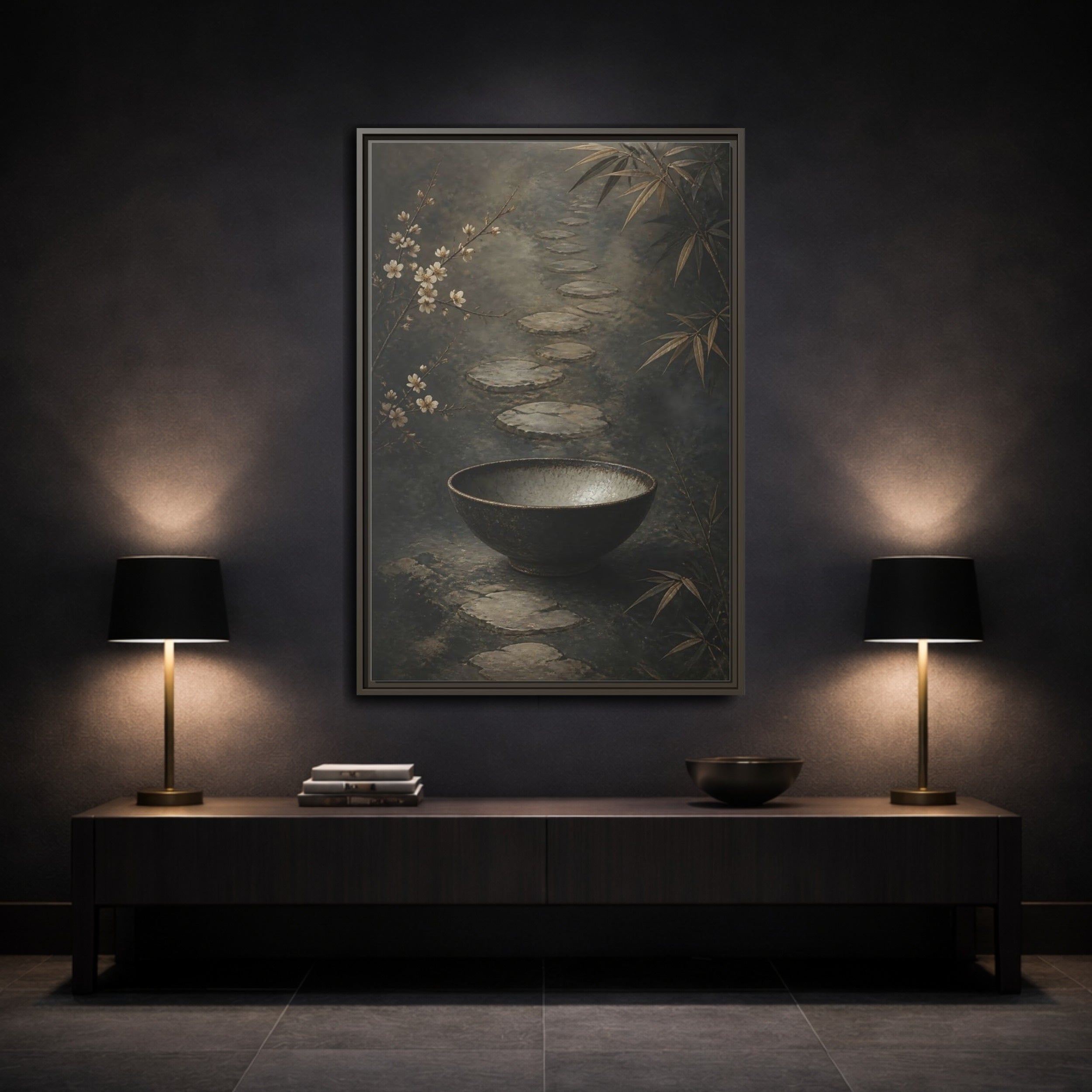 Mockup 3. Nature Zen Garden Brown Grey Aesthetic shown as stretched canvas wall art