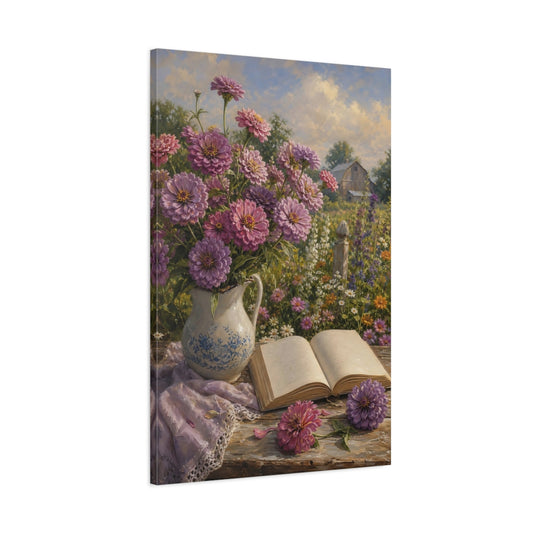 Main Mockup. Nature Zinnias Purple Pink Flowers shown as stretched canvas wall art