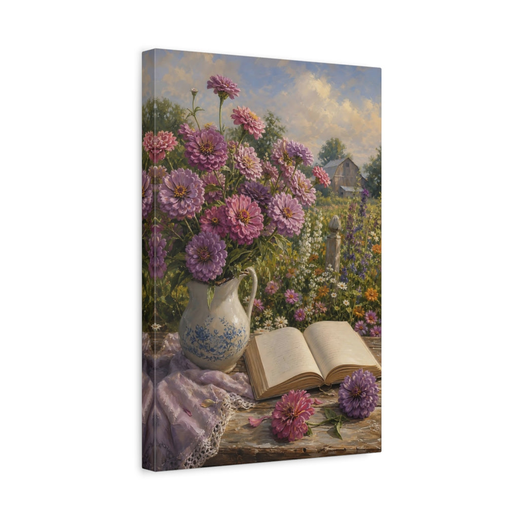 Side Mockup 4. Nature Zinnias Purple Pink Flowers shown as stretched canvas wall art